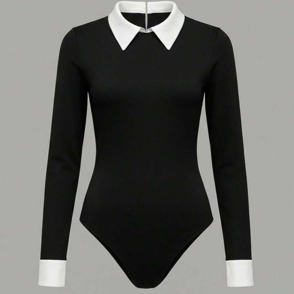 Chic Black Bodysuit with White Collar